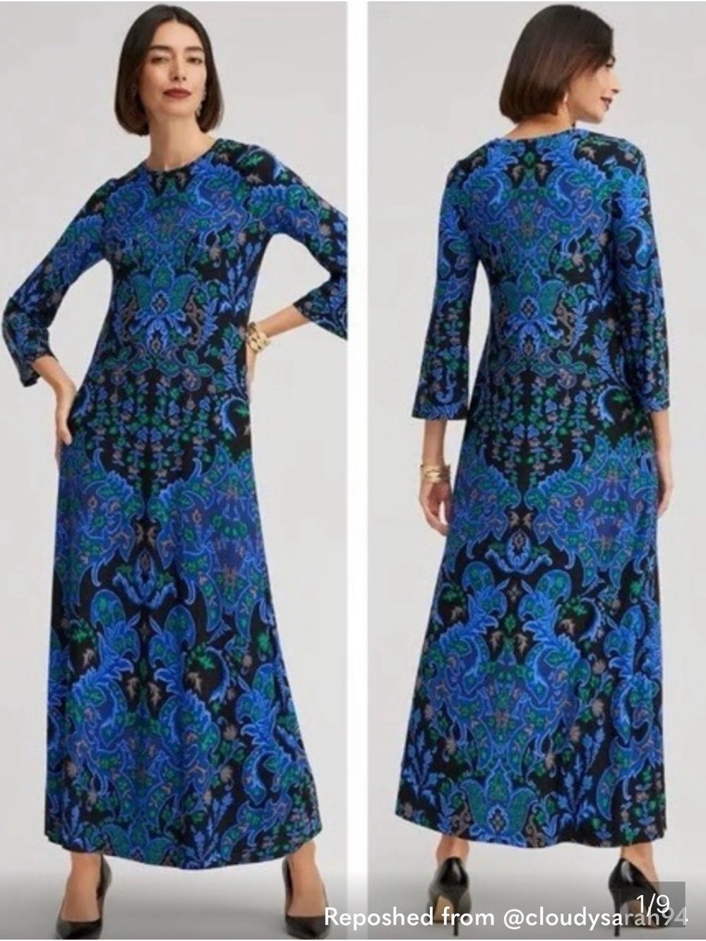 Chico's Blue and Black Paisley-Style Long Sleeve Maxi Dress